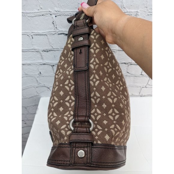 Fossil Maddox Jacquard Brown Geometric Pattern Leather Bucket Bag - Picture 9 of 16